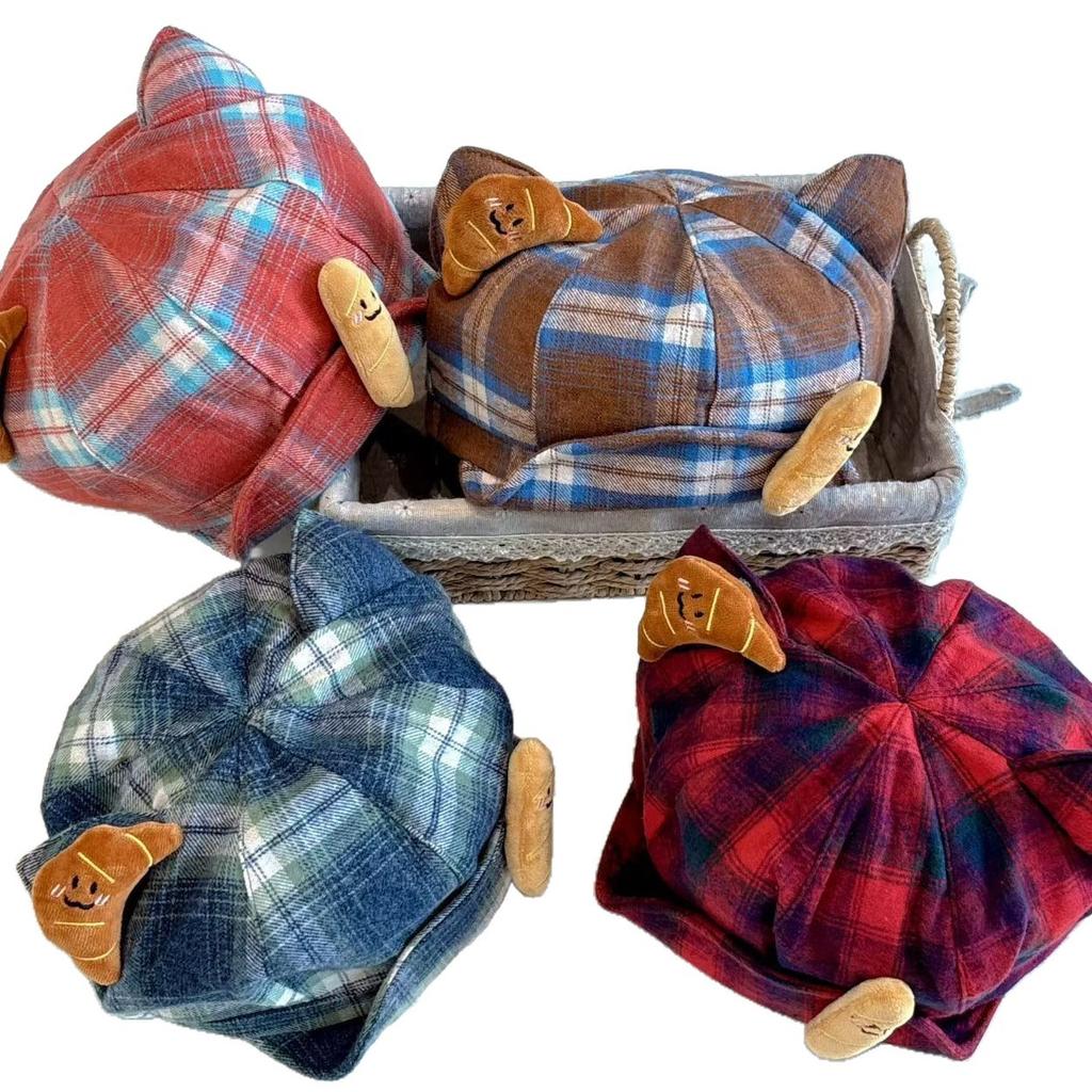 Cute Plaid Deer Ears Beret Female Autumn and Winter Face Small Octagonal Hat Big Head Circumference Painter Hat