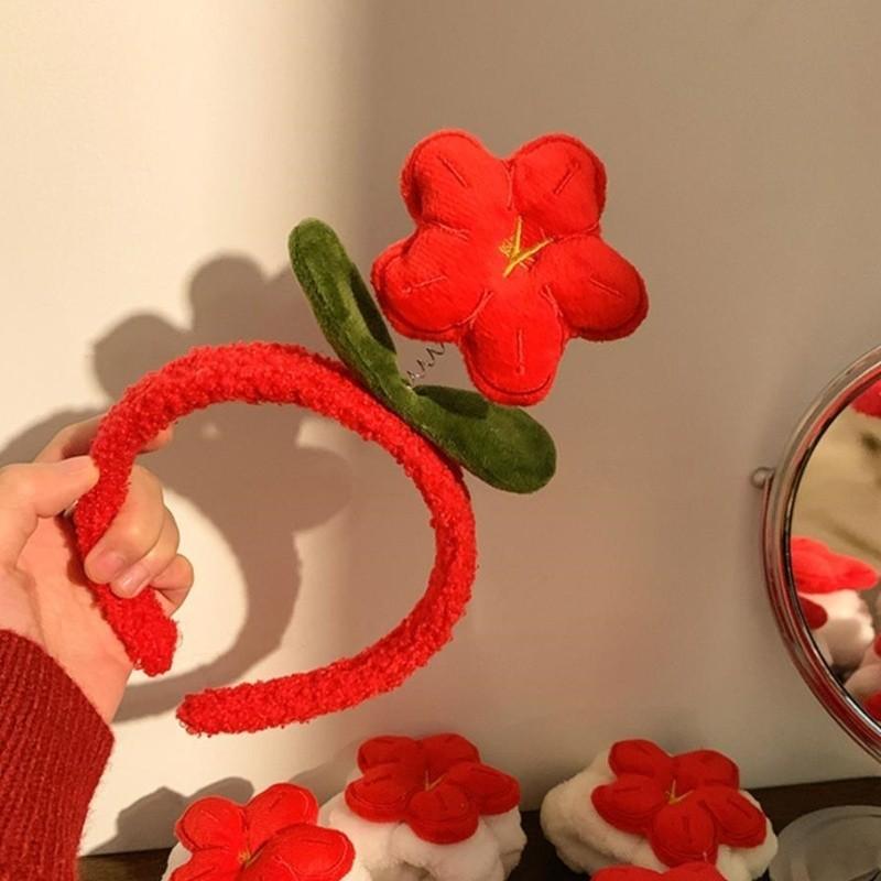 Cute Plush Flower Headband For Women Handmade Winter Wristband Set New Year Red Flower Hairband