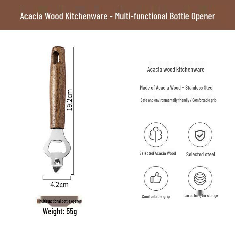 Acacia Wood Kitchen Gadget Set: Peeler, Can Opener, Egg Beater, Pizza Cutter, Cheese Shovel