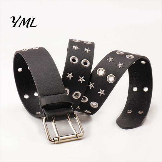 Cool Girl Style Belt 105cm Studded Punk for Women, Faux Leather Grommet Waist Edgy Fashion with Double Prong Buckle, Jean Accessory Music Festival