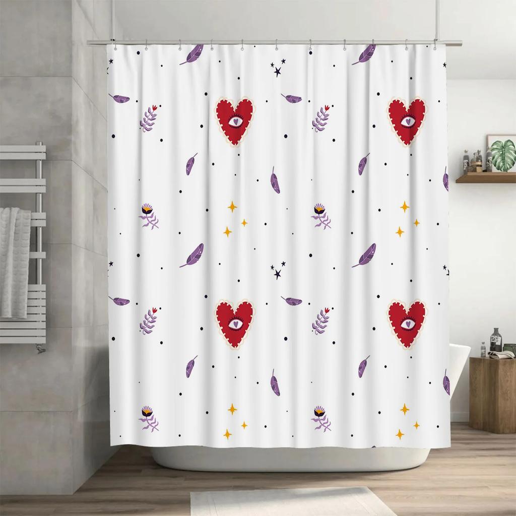 Stylowa zasłona prysznicowa z wzorem pióra serca Biały wodoodporny materiał do dekoracji łazienki Czerwono-fioletowy wzór Dostęp do domu