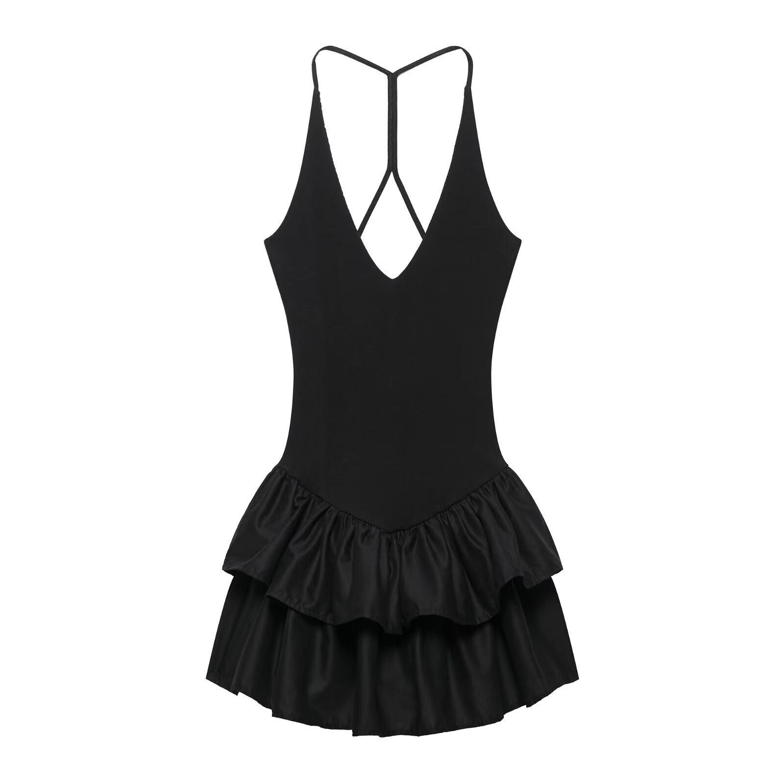 

Spring/Summer 2025 Women s Slim Sexy V-Neck Pleated Dress with Patchwork & Backless Design Medium чорний