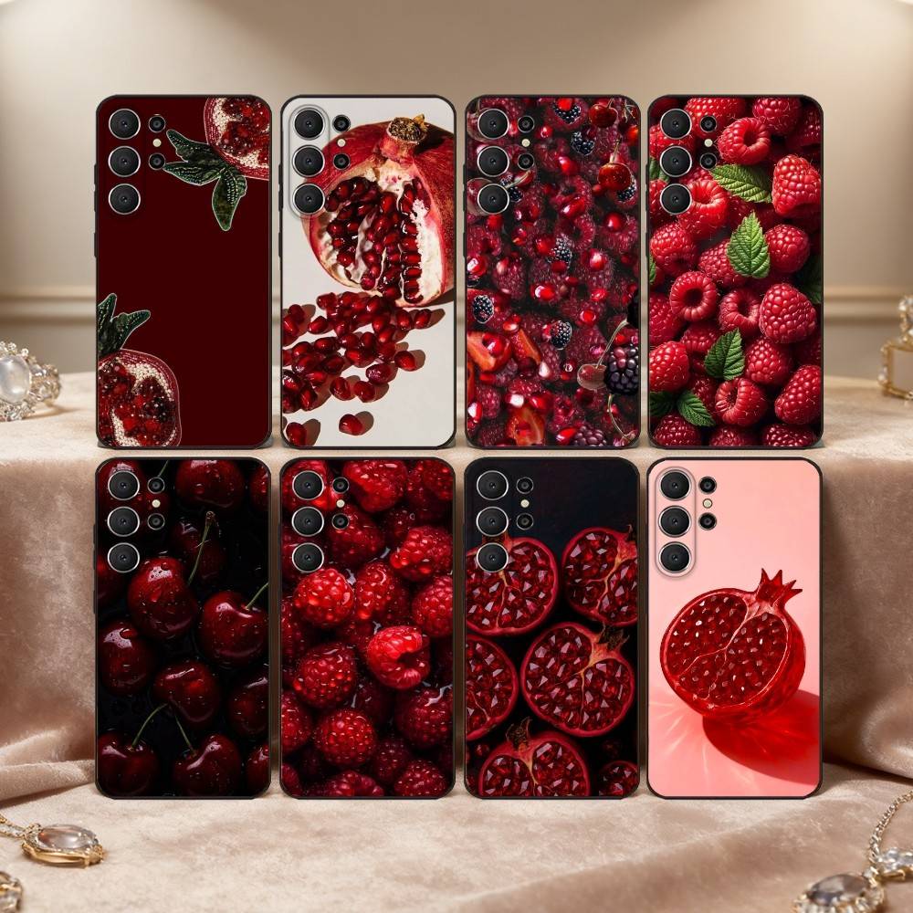 Red C-Cherry Pomegranate Raspberry Phone Case For Samsung S26,S25,S24,S21,S22,S23,S30,Ultra,S20,FE,Lite,10,9,Black Cover