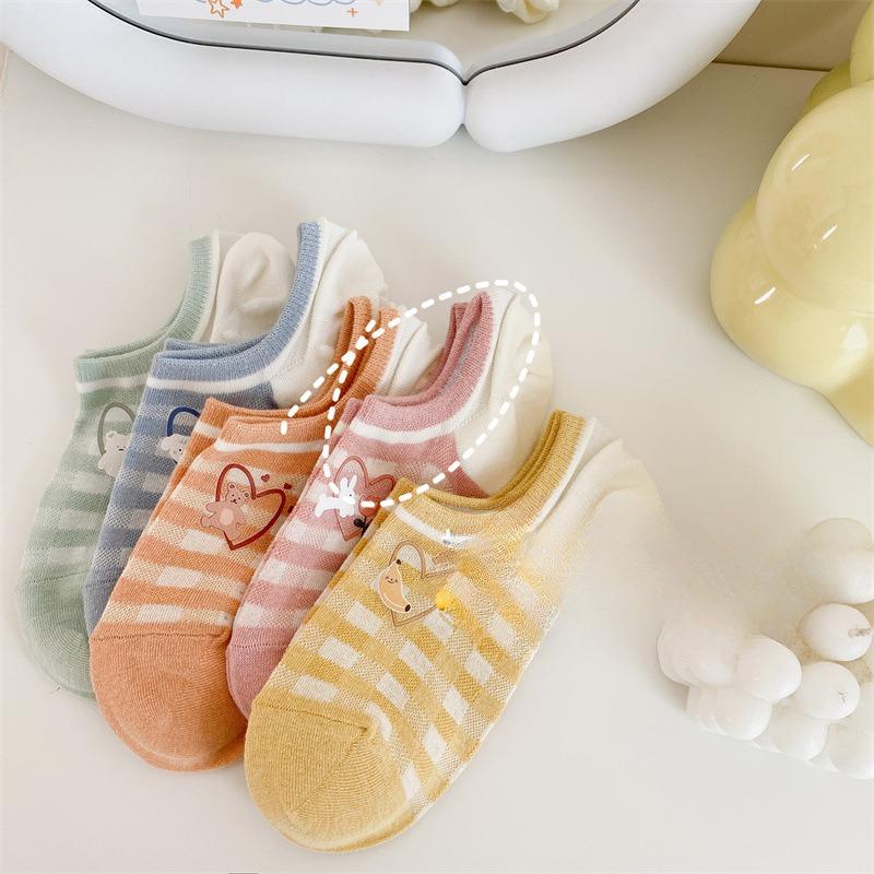 Women's Summer Boat Socks, Sweet Striped Cotton Socks That Won't Fall Off and Invisible Socks, Trendy Shallow Top Low-cut Short Socks