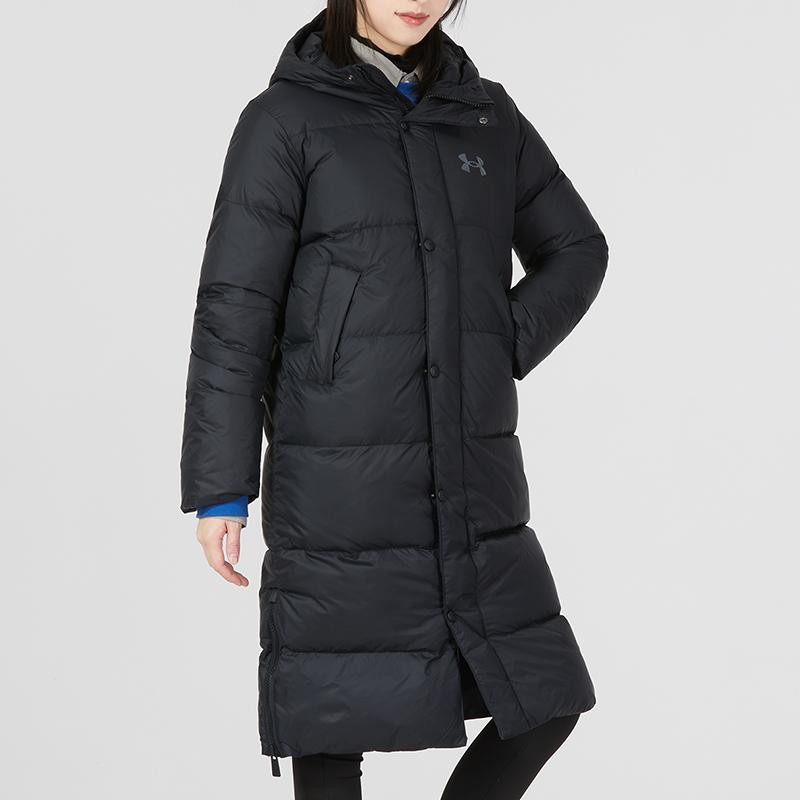 Under Armour Solid Logo Sports Casual Long Hooded Down Jacket Women Outerwear Black 1375454-001
