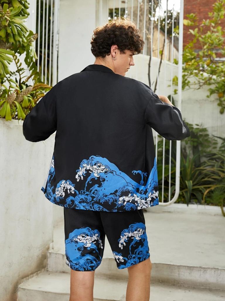 2026 New national style Hawaiian vacation ukiyo-e painted seven-quarter-sleeved Taoist robe 3D printed carp kimono cape