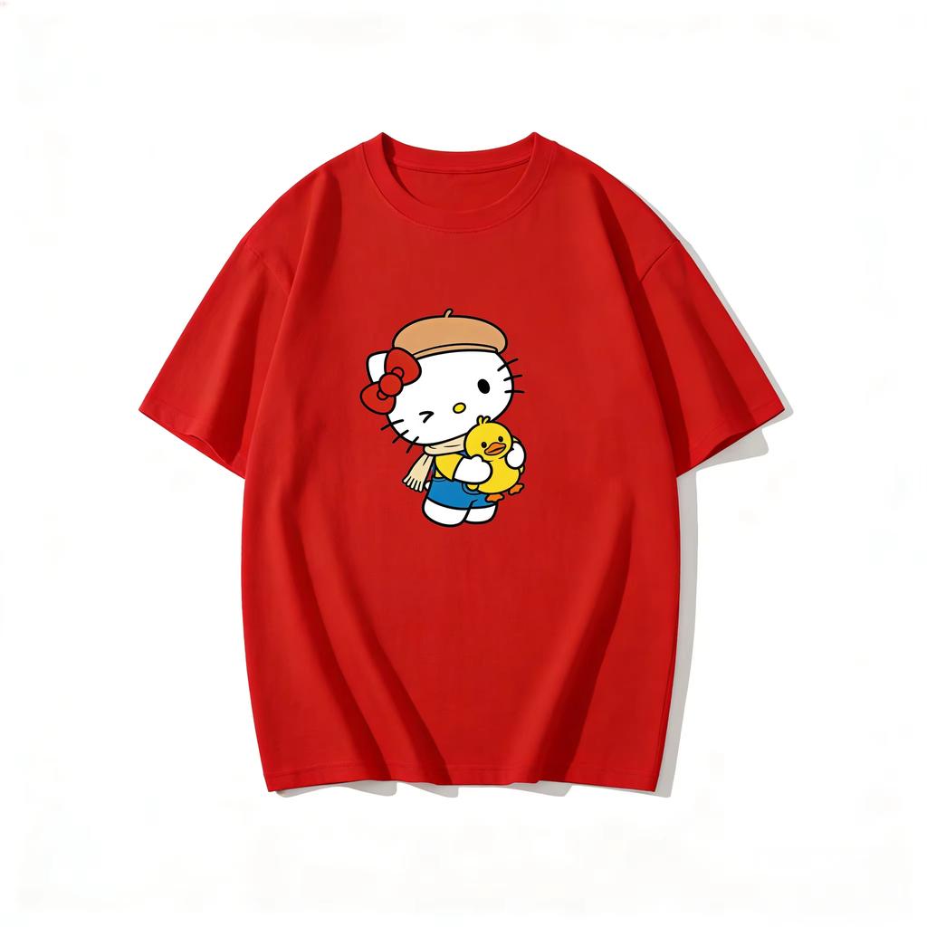 2026 New Summer HelloKitty Cute Graphic Tee Casual Short Sleeve Cotton Top for Women Girls Kawaii Cartoon Print Streetwear