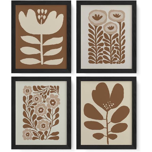 JXREQ Vinatge Boho Abstract Matisse Floral Wall Art, Mid Century Modern Abstract Black and Beige Floral Wall Decor for Home Kitchen Bedroom Bathroom