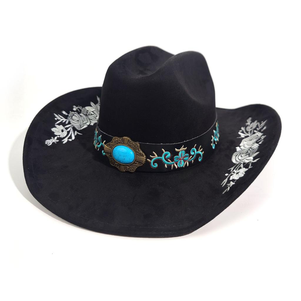 Retro Broderad Western Denimhatt Herr- Och Damhatt Tibetskt Suede Jazzhatt Europeisk Och Amerikansk Stil Hög Hatt