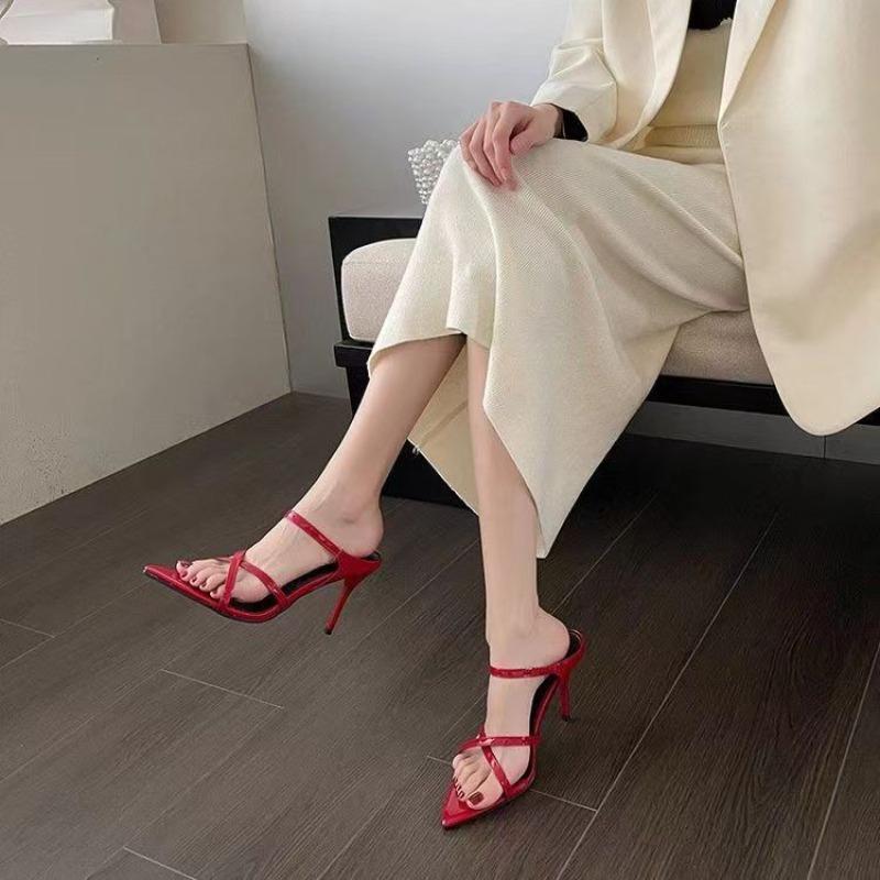 New Style Summer Pointed Toe Slippers Women Red Patent Leather Open Toe Stiletto High Heels Women Outside Wear Sexy Sandals