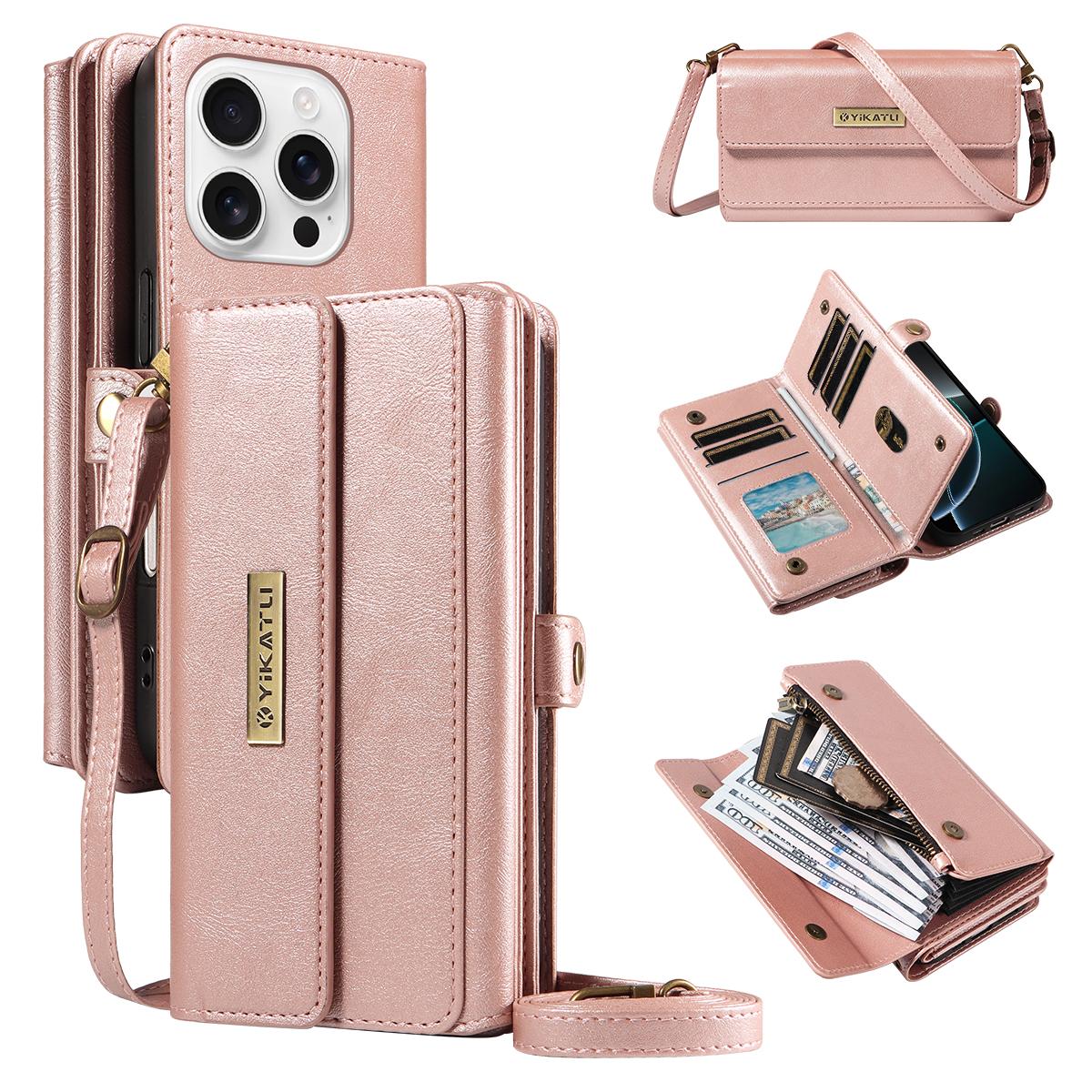 

For iPhone 16 Pro Max Case YIKATU YK-008 Zipper Wallet Leather Phone Cover with Shoulder Strap Rose Gold