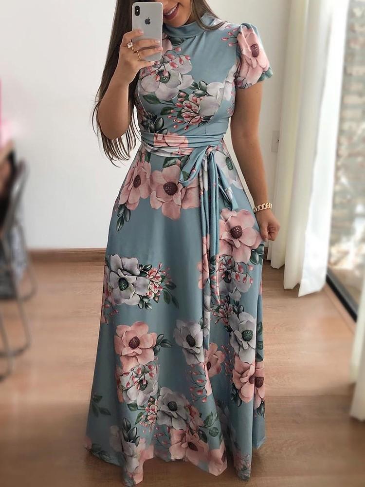 

Floral Print Dress with Belt, Long Sleeve/Short Sleeve High Neck Elegant Women s Dress, Blue/Black Floral Pattern S