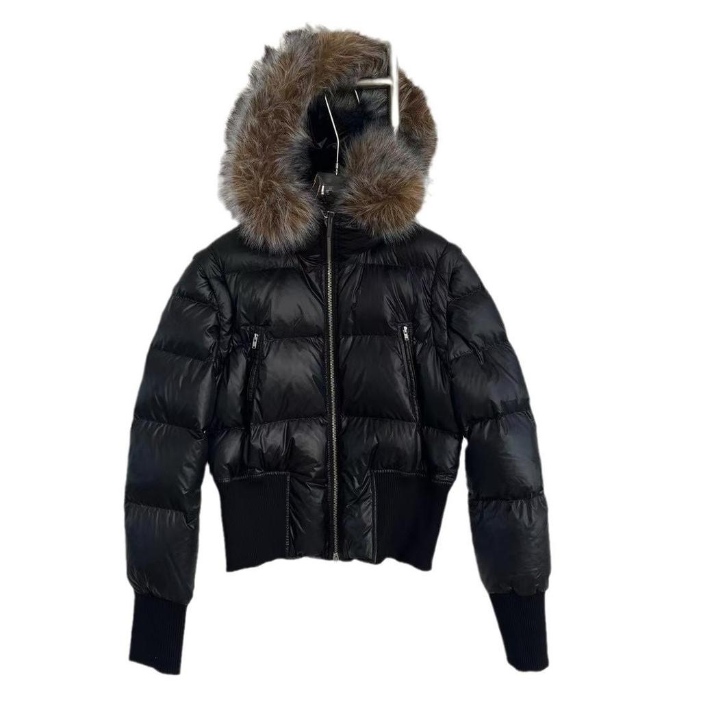 Women's Black Slim-Fit Down Coat with Detachable Fur Collar