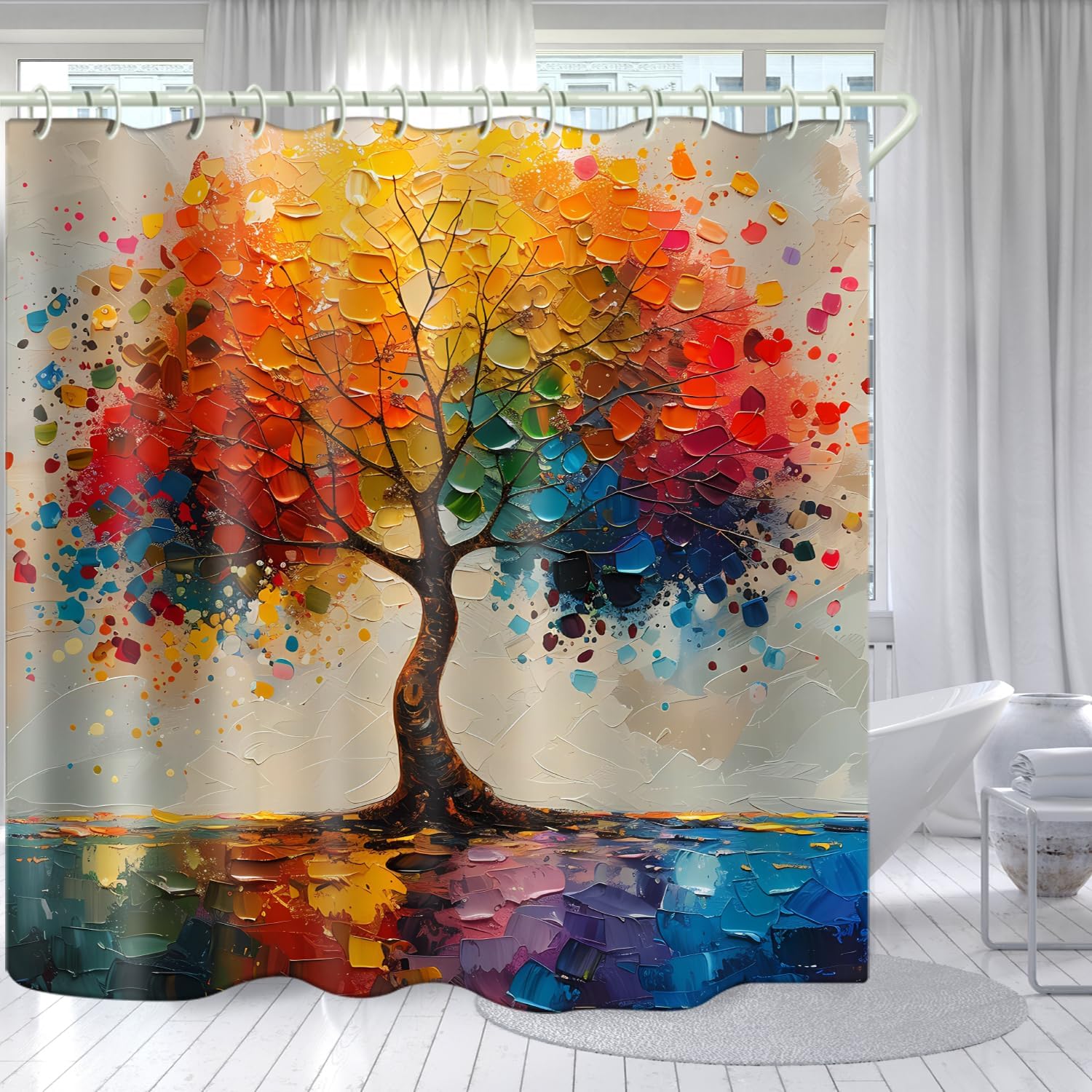 

Shower Curtain, With A Unique Oil Painting Tree Theme And Bright Colors, Brings An Artistic Atmosphere To The Bathroom. The 59X7 W60H190(CM)-1 Pcs