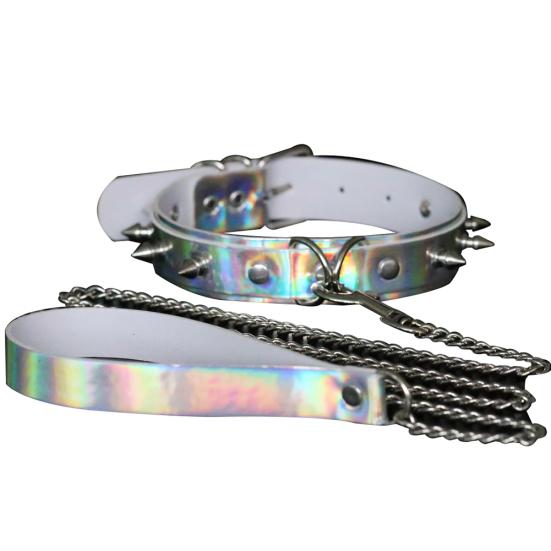 Women Laser Faux Leather Rivet Choker Necklace with Sex Leash Night Club Jewelry