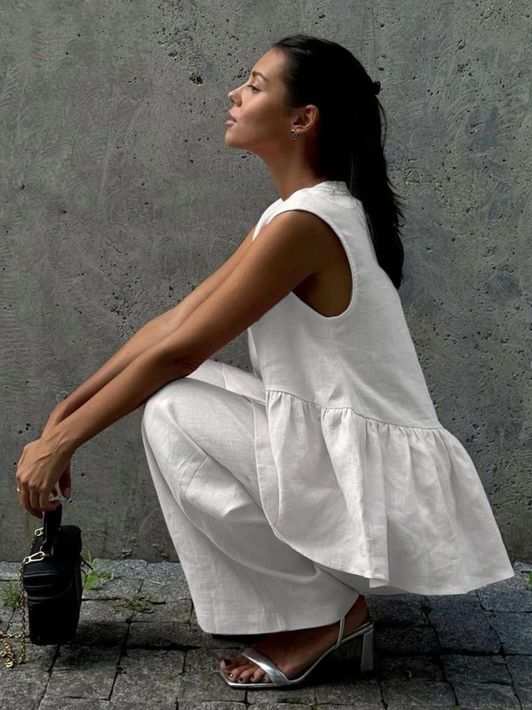 Cotton V-Neck Sleeveless Vest Top Long Pants Set Women's New Pure Color Temperament Commute Two-Piece Outfit
