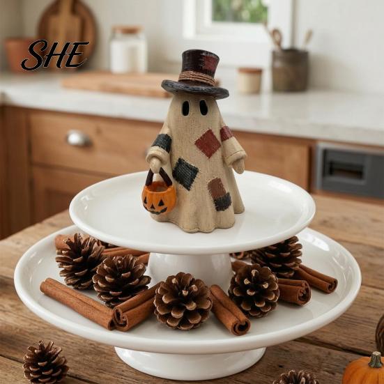 Artigianato Stagionale in Stile Rustico Statuetta Fantasma in Resina Patchwork Illuminata con Lanterna Zucca, Statuette Rustiche Halloween Retro Lampada da Tavolo, Vintage