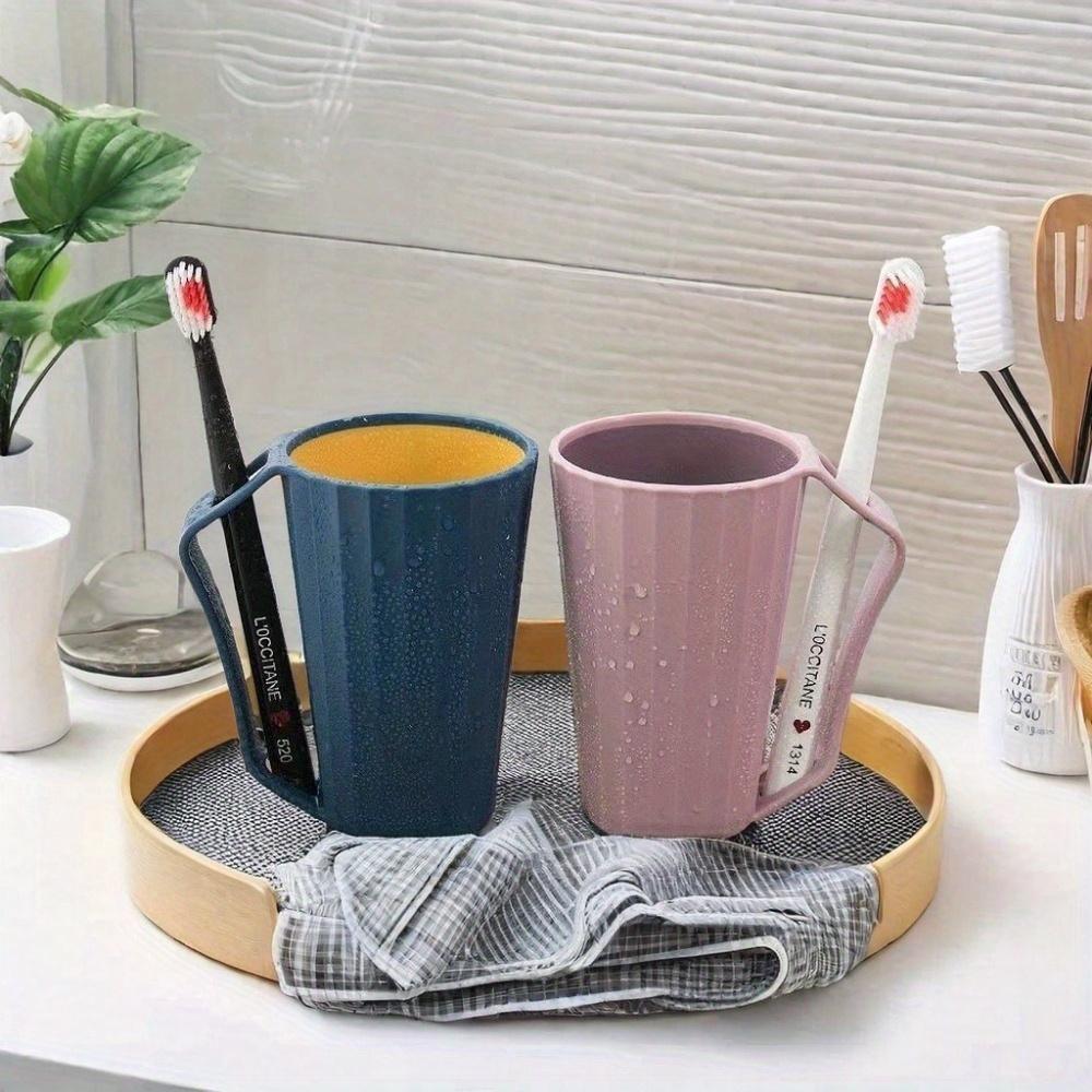 1Pc Durable Reusable Two Color Plastic Cups with Handles,Creative Toothbrush Holder, Wash Cup,Couple's Mouthwash Cup