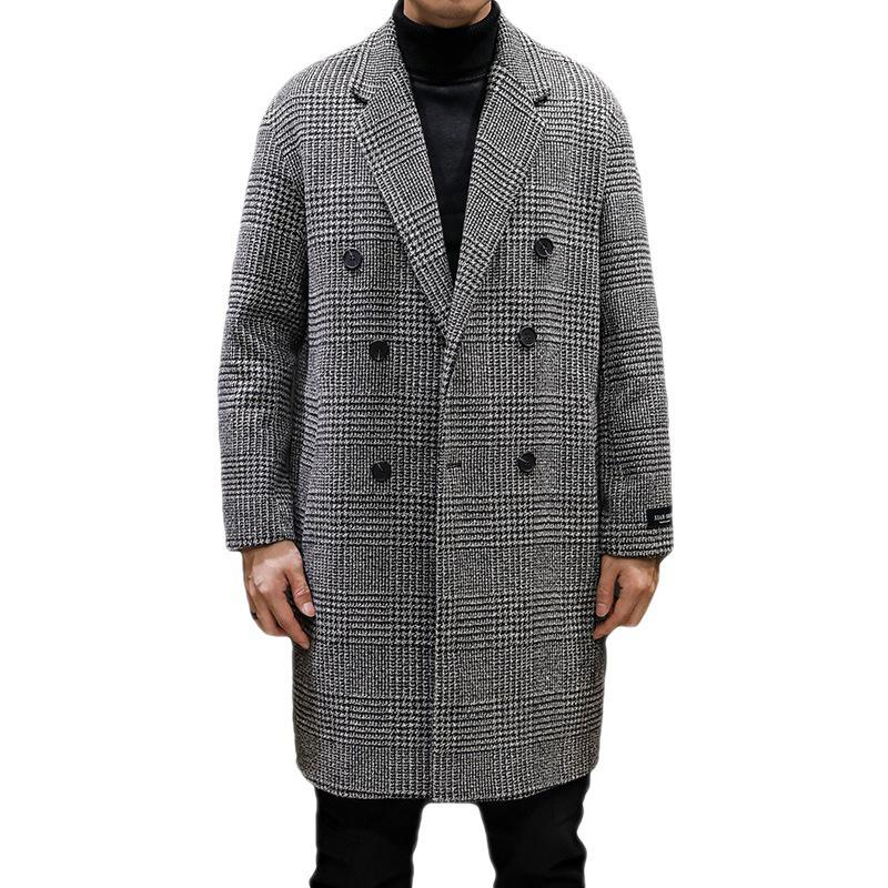 Herren mittellanger karierter Woll-Trenchcoat - Trendige lässige Jacke im Hongkong-Stil für Herbst und Winter