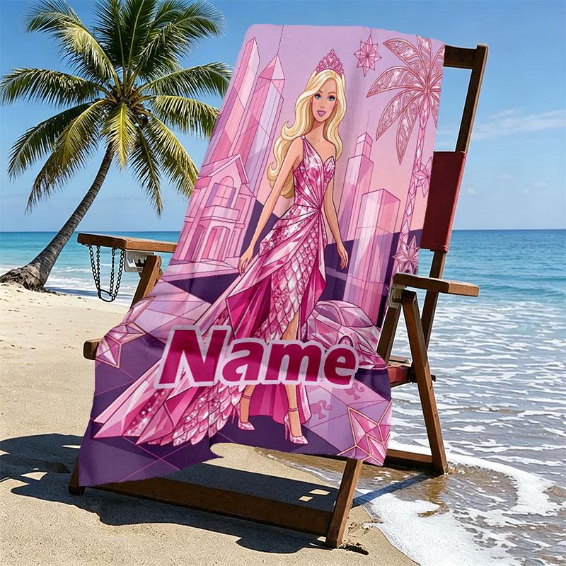 Custom Name Personalized Barbie Print Beach Towel, for Trip Camping Beach Party Home Decor, Birthday Gift for Family & Friends