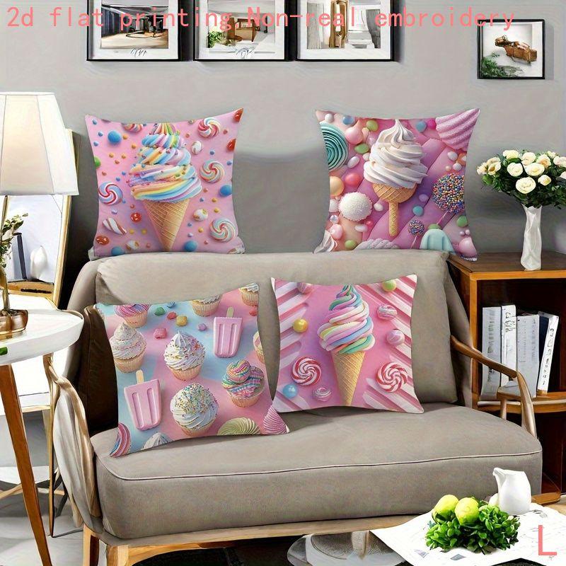 2D Flat - 4-Pack, 2D Flat Printing, Colorful Ice Cream Candy Pattern Pillowcases, Dessert Style Cushion Covers, Material, Multi-Sizes, Zipper Closure,