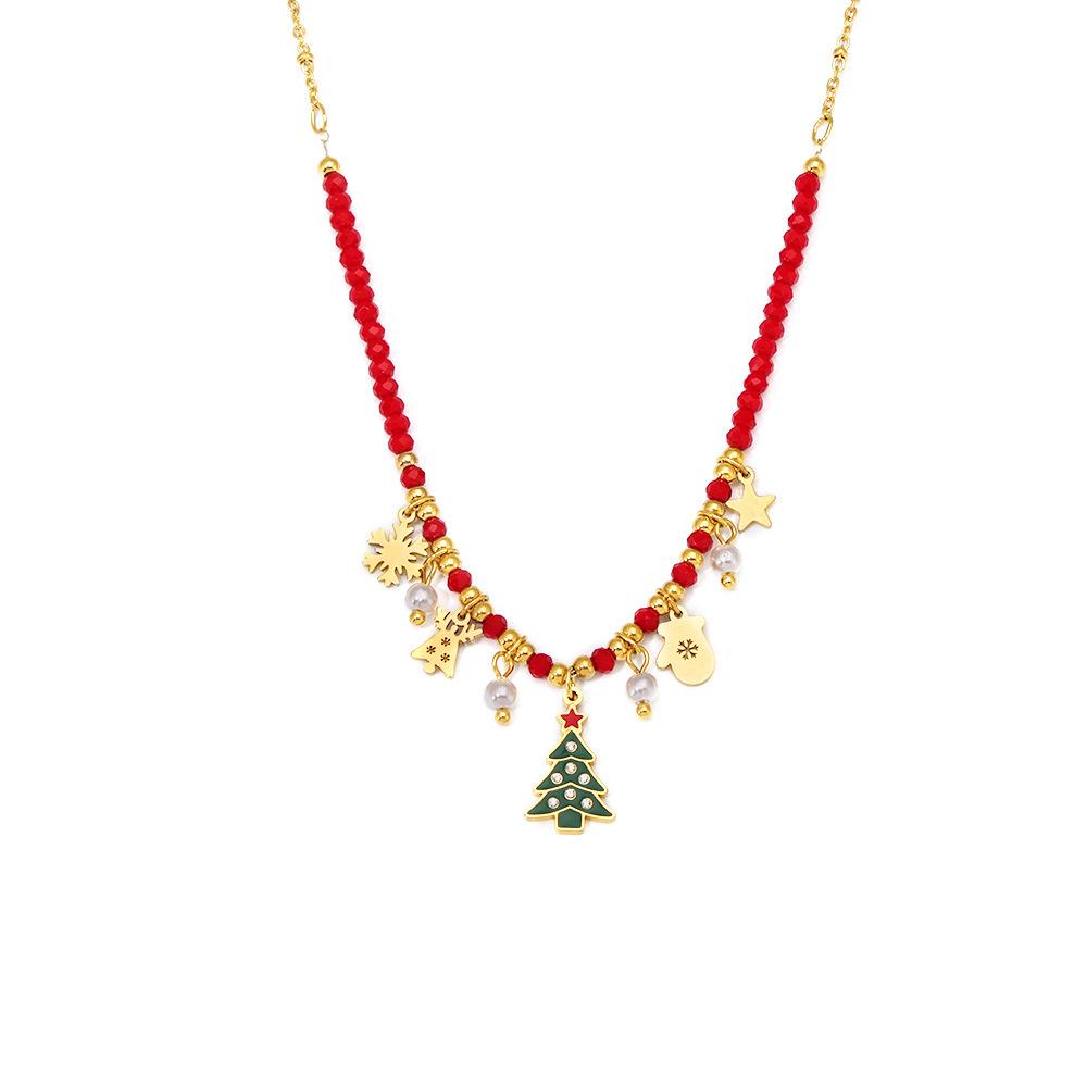 Ferris Wheel Enamel Christmas Zircon Tree Pendant Necklace - European & American Light Luxury Stainless Steel Jewelry