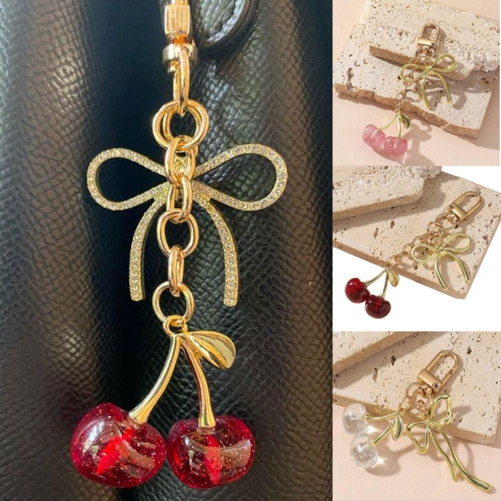 Fashion Delicious Red Cherry Bow Keychain Summer Fruits Cherries Pendant Keyring For Women Men Jewelry Bag Accessories Gift