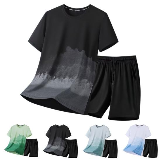 2Pcs/Set Men Summer Outfit O-neck Short Sleeve Printing T-shirt Elastic Drawstring Waist Shorts Set Loose Fit Quick Drying Sportswear