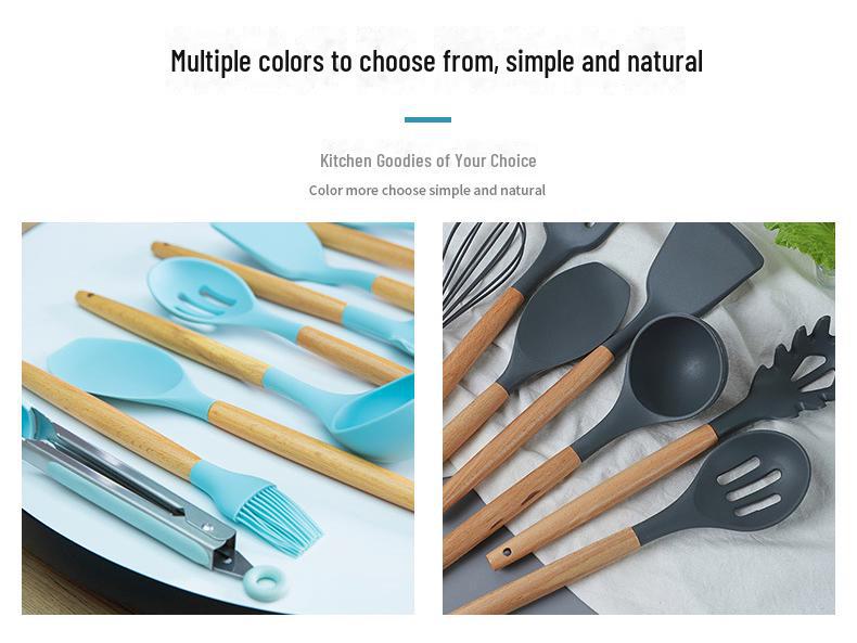 12-Piece Colorful Silicone Kitchenware Set with Wooden Handles – Includes Spoons and Spatulas