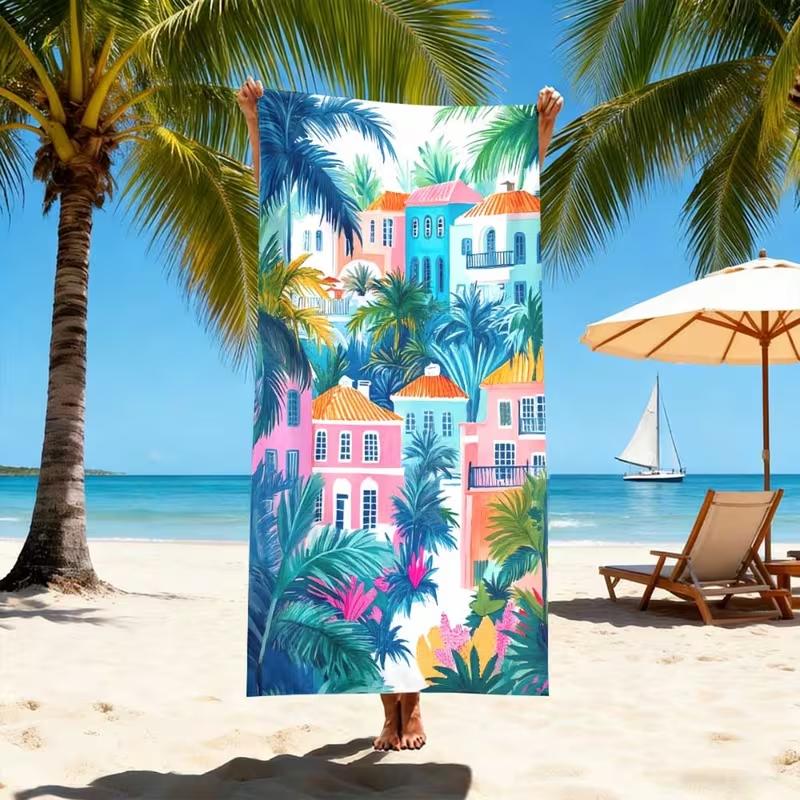 Tropical Fruits Toucan Palm Leaf Striped Beach Towel Soft Quick Dry Sandproof Towel Summer Beach Pool Vacation Swim