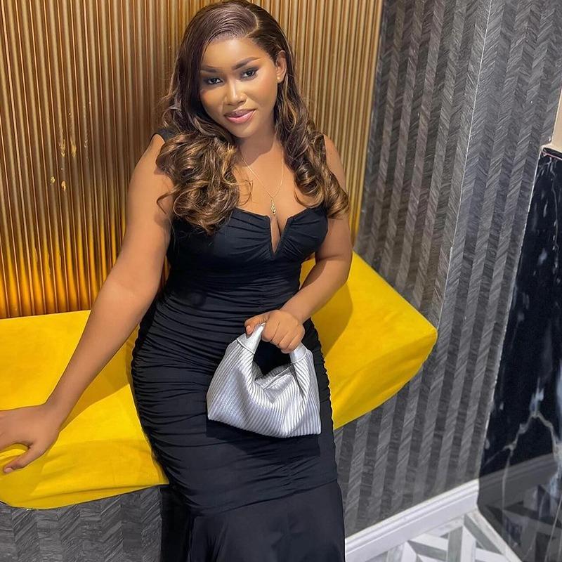 Women's Tight Strap Dress Solid Color Sleeveless Patchwork Mesh Pullover Pleated Backless Street Fishtail Dress