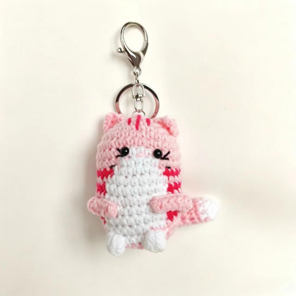 Handmade Hand Cat Keychain Handwoven Yarn Kitty Bag Charm Crochet Kitten Keyring Backpack Decor