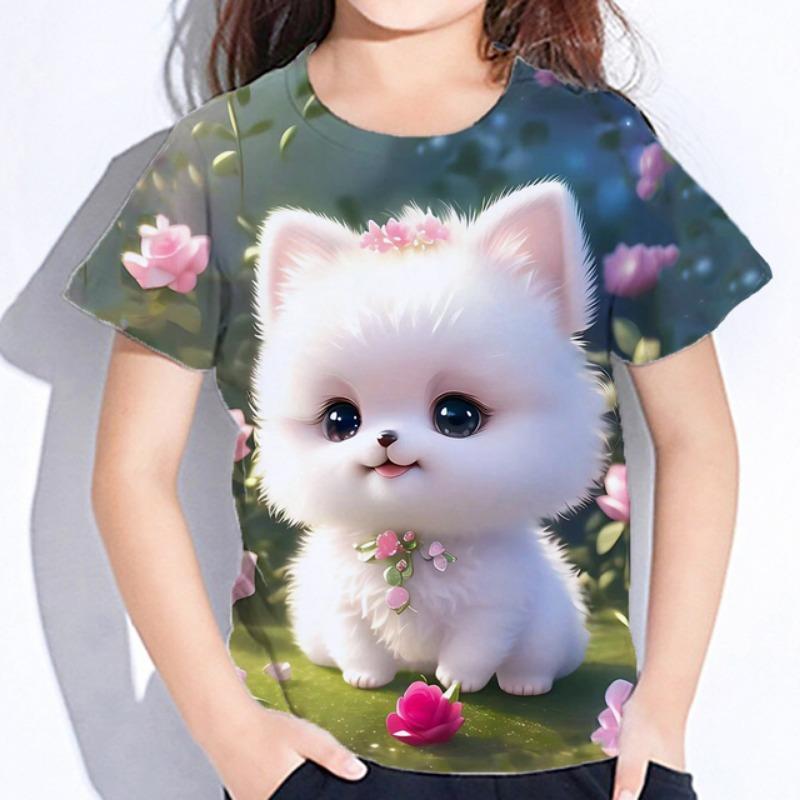 Detské Oblečenie Blúzka pre Dievčatá Kawaii Mačička Krátky Rukáv Tričko Potlač Chlapčenské Oblečenie Polyester Dievčenské Tričko Detské Tričko