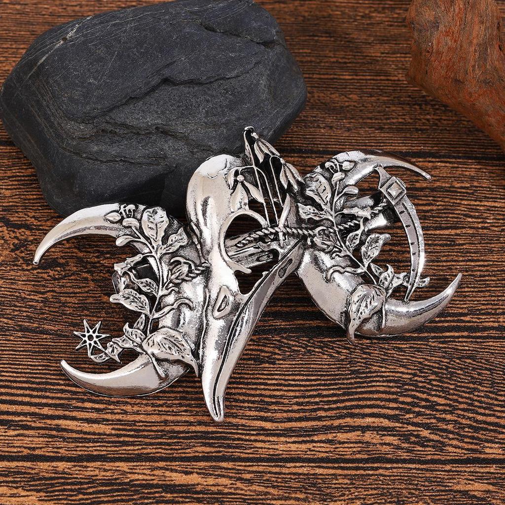 Retro Viking Raven Leaf Moon Hammer Hair Clip - Punk Style Accessory