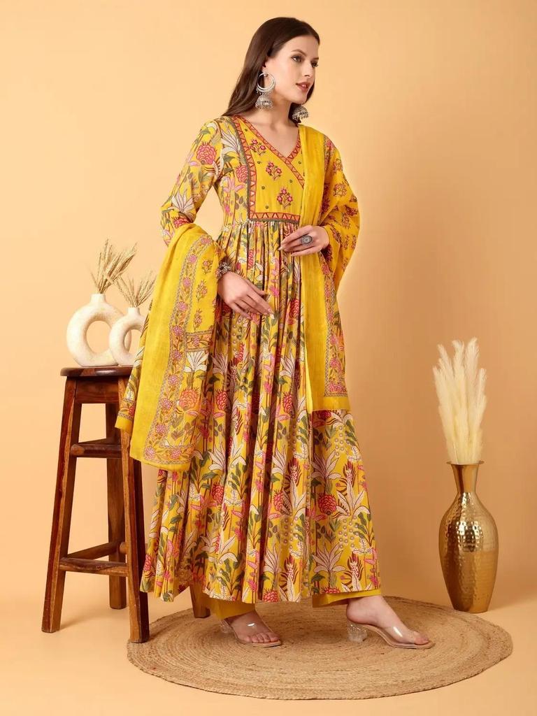Women Designer Pure Cotton Kurti Pant Dupatta Set Indian Bollywood Anarkali Salwar Suit