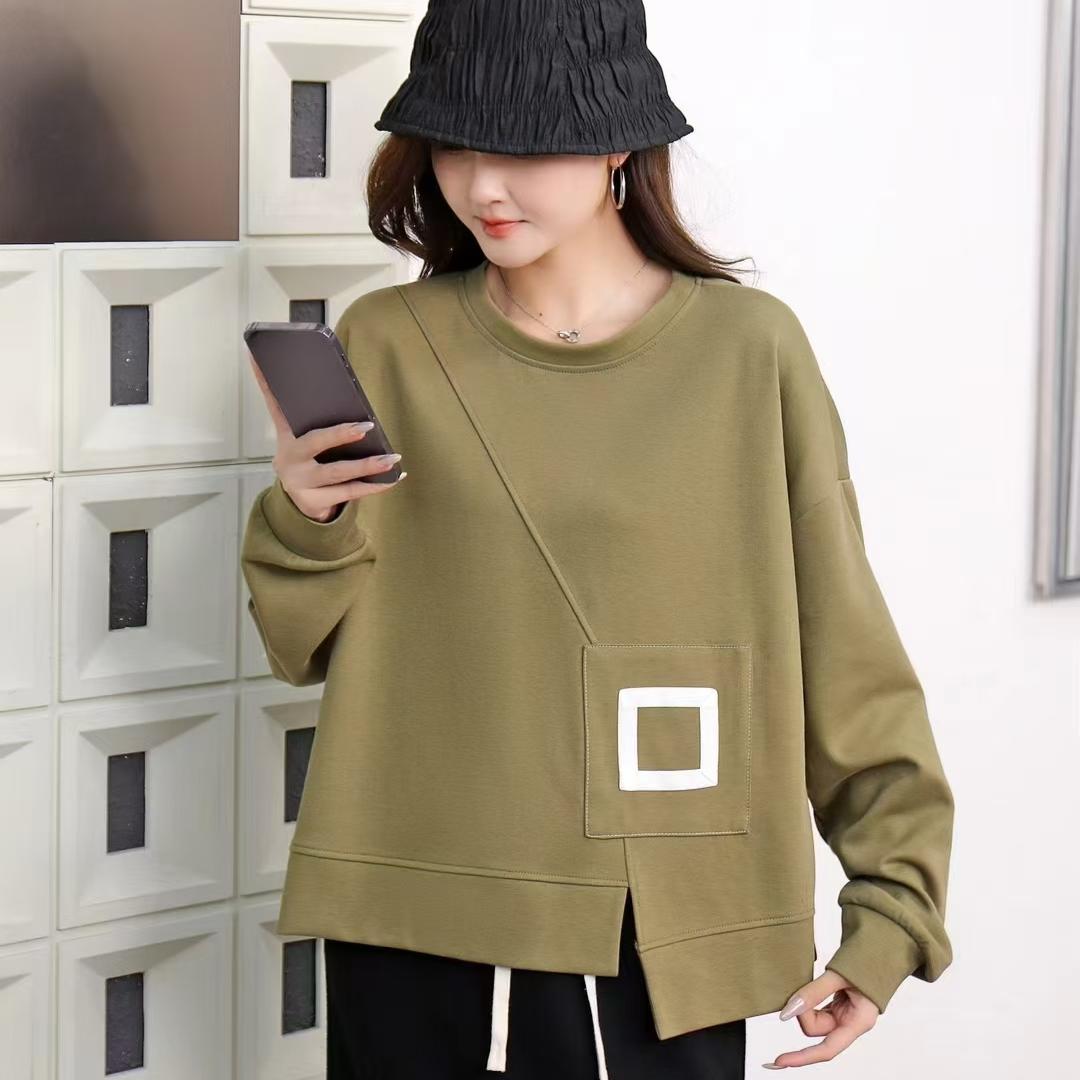 

DIMANAF 2024 Осенняя футболка Однотонная эластичная футболка Сплайсированная женская принтованная однотонная футболка с длинным рукавом Свободные топы Футболки One Size зелёный