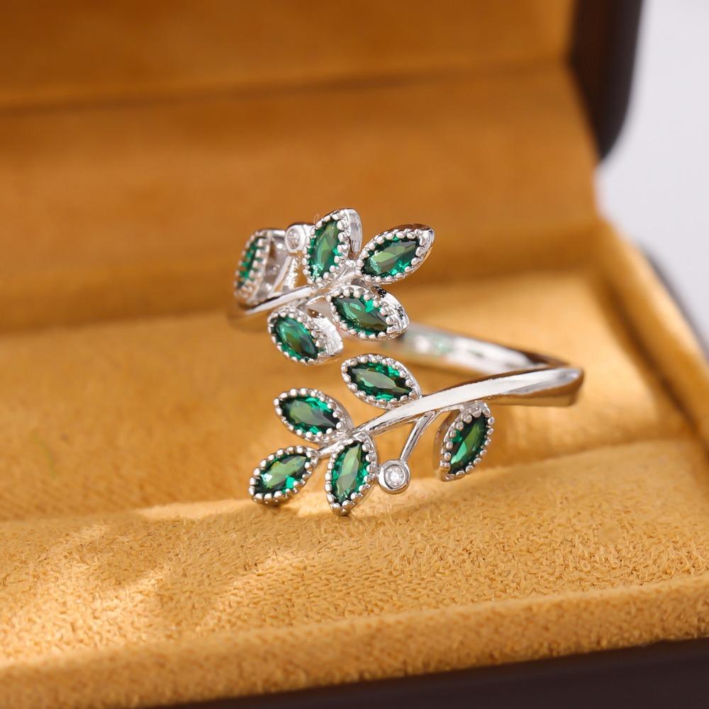 2025 European/Japanese/Korean, gorgeous copper ring, leaf creative opening ring resizableSteel color зелёный