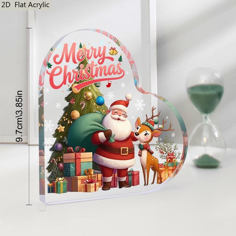 2D Flat Heart-Shaped Acrylic Christmas Desktop Decoration, Santa Claus & Reindeer Design, Snowy Tree & Presents, Suitable for wall decoration, porch,