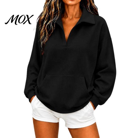 Ribbed Cuff Pullover Women V-Neck Sweatshirt with Kangaroo Pocket, Fit Drop-Shoulder Top, Loose Casual Long Sleeve Top for Autumn Winter Drop Shoulder