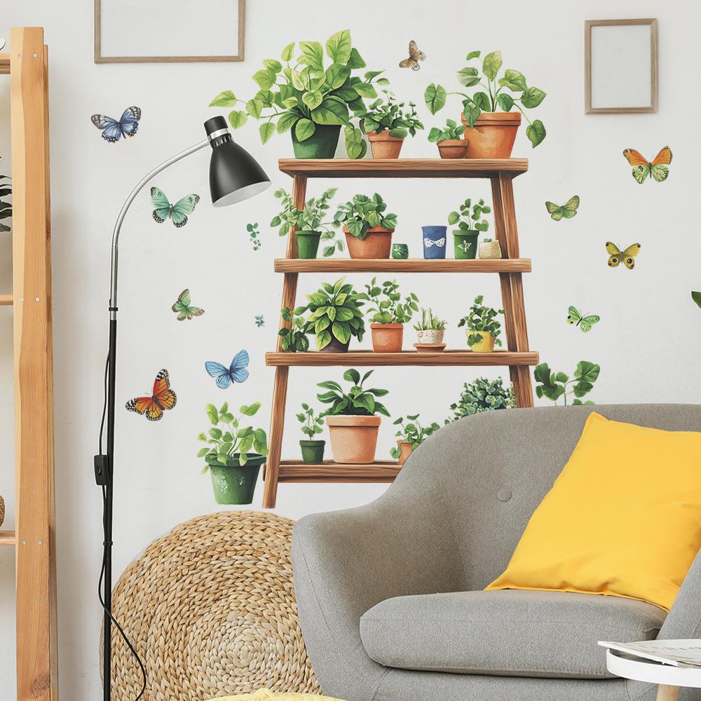 2 Pcs Greenery Potted Plants Shelves Bedroom Living Room Home Wall Background Landscaping Decorative Wall Stickers