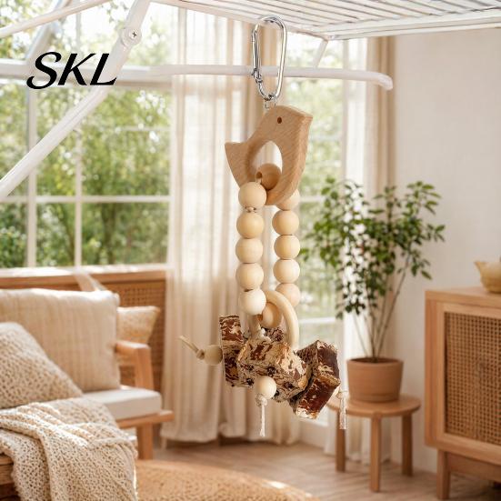 Parrot Chew Toy Wooden Blocks Toy, Bird with Beads Rattan Balls or Dried Star Fruits, Cage Accessory for Small Medium Parrots Cockatiels Budgerigars