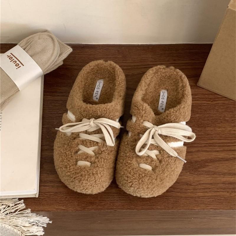 Mao Mao Slippers Women's 2025 Autumn and Winter Internet Celebrity Lamb Wool Lace-up Bag Head Cotton Mop Outer Wear Plush Lazy Mao Mao Shoes