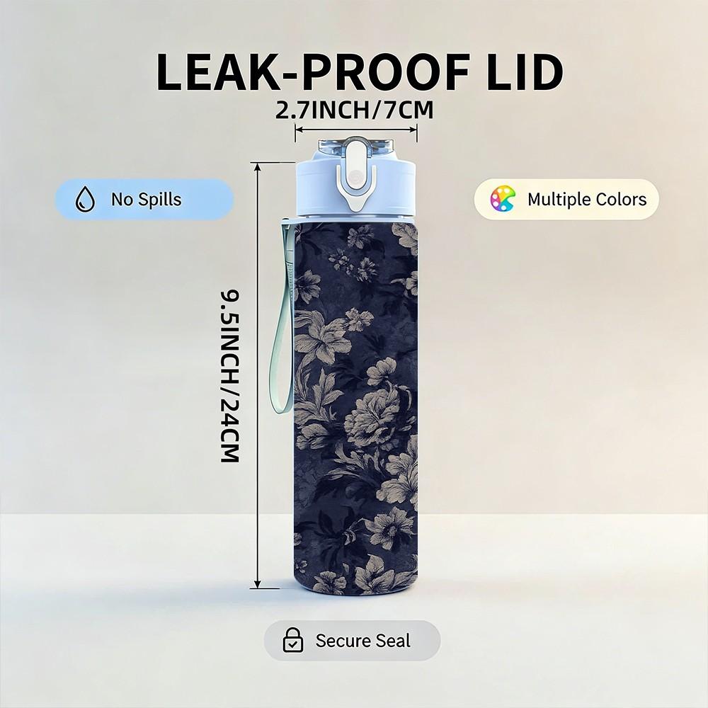 1PC Dark Blue Vintage Flower Print 750ml Color Plastic Sports Water Bottle Leakproof Flip Straw Lid Suitable for Sports Office Home Use