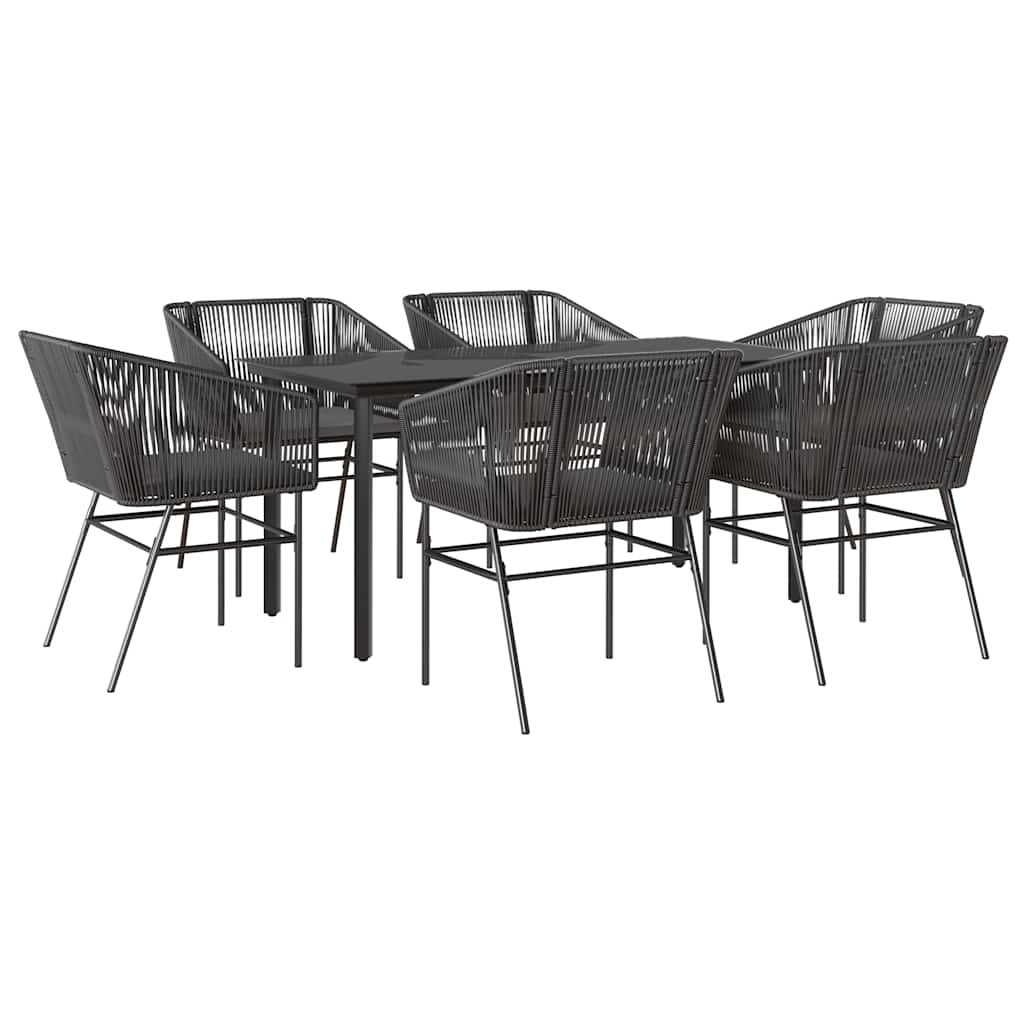 7 Piece Outdoor Dining Set with Cushions Black Poly Rattan & Glass