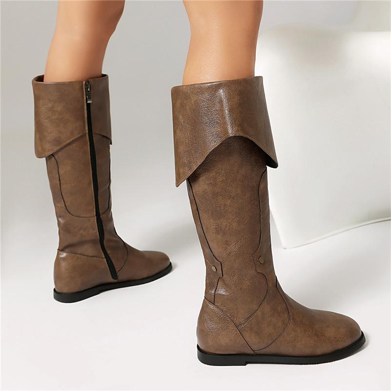 Women Mid Calf Boots Round Toe Flats Zipper Concise Design Ladies Fashion Casual Shoes Autumn Winter Khaki Brown 46