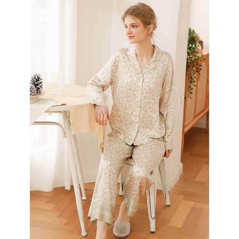 2024 Floral Pants Lily Long Sleeves Cotton Silk Short Sleeve Satin Cotton Silk Elegance Pajamas Can Be Outerwear Homewear Women