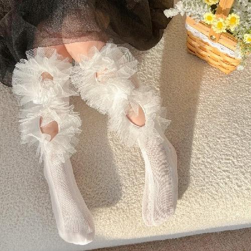 Girls Spring and Summer Lace Calf Socks Lolita Lace-up Bow Pink Girl Baby Pile Socks