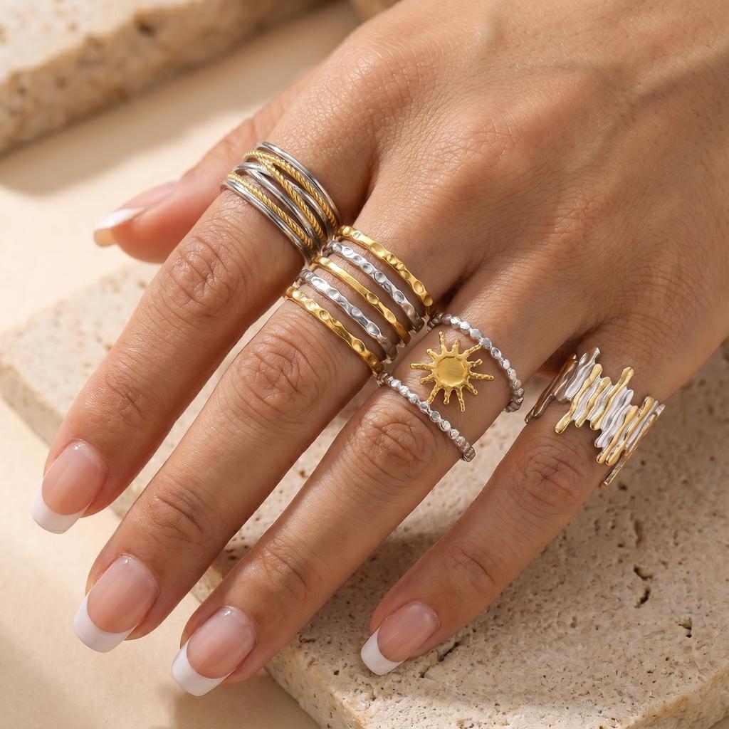 Multi-Style Sun Stainless Steel Open Ring Set for Women Vintage Hammered Twisted Rings Party Stackable Jewelry Gift