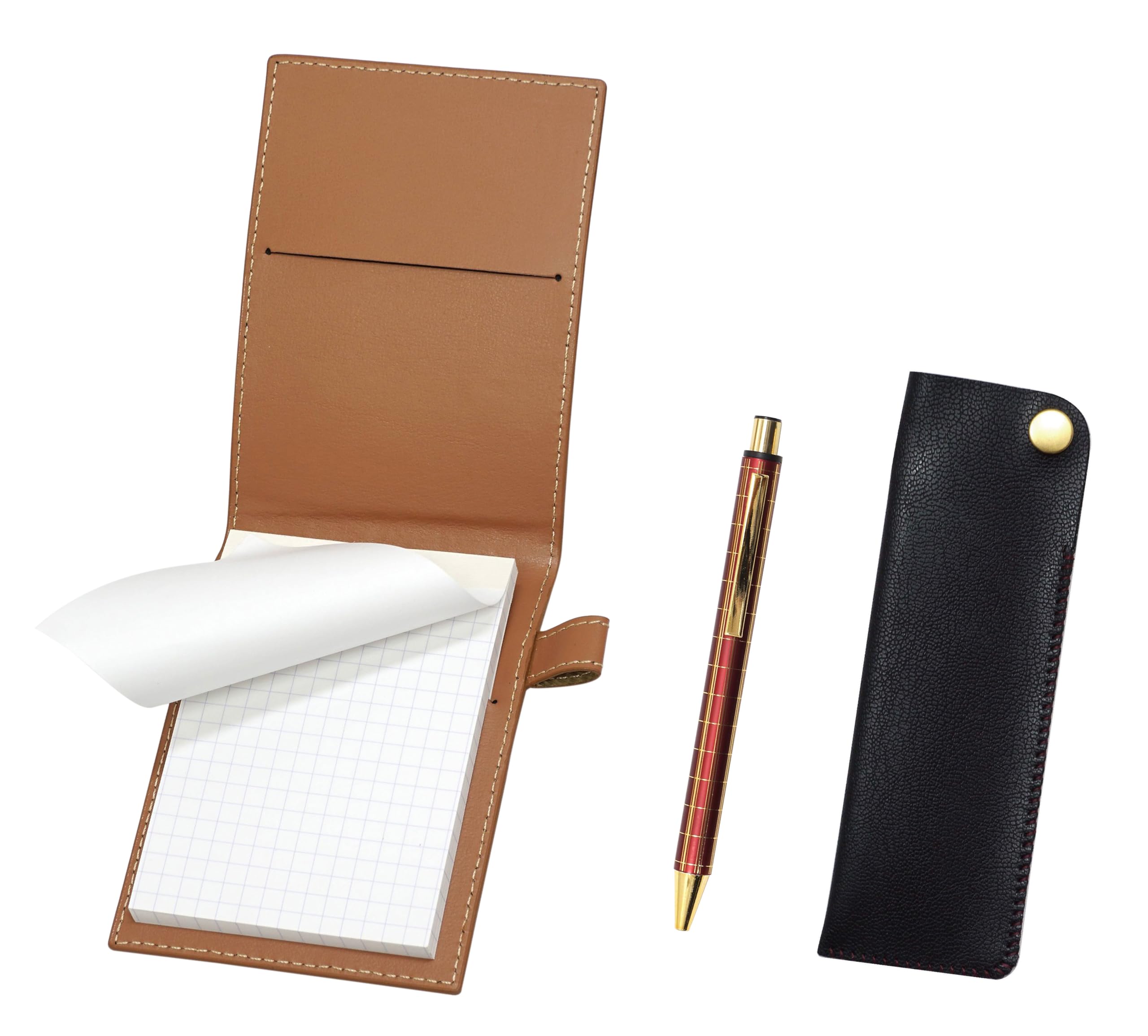 

recycled cowhide mini notebook cover with black pen case thick metal ballpoint pen set with lattice finish Mocha-colored snap-closure (NQ30K),