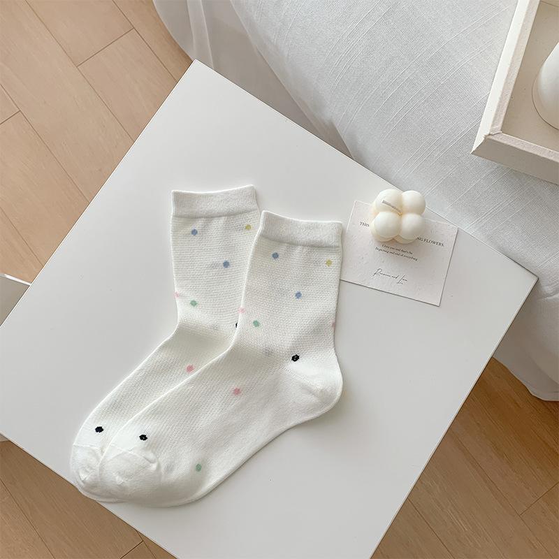 Weiße Socken, Dünnes Netzgewebe, Schweißabsorbierend, Atmungsaktiv, Gepunktet, Niedliche Wadenlange Socken für Frühling und Sommer